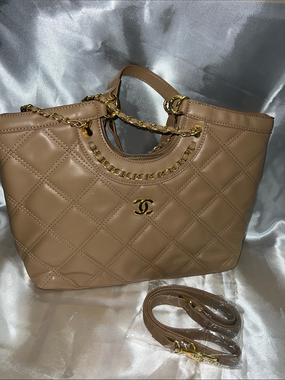 Quilted Leather Tote in Taupe with Gold Hardware